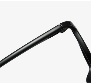 Macro view of the precision hinge structure and glossy black frame of these TR90 glasses