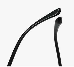 Close-up of sleek black TR90 eyewear temple tips with high-gloss finish and smooth edges