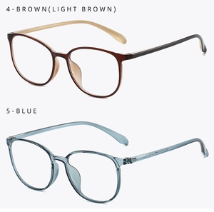 Vertical stack of retro large-frame TR glasses in light brown and translucent blue colors
