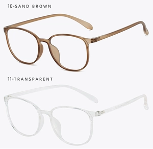 Vertical display of Sand Brown and Transparent retro TR90 blue light blocking glass frames