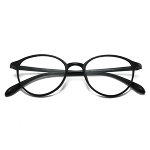 Classic round TR90 eyeglasses in matte black finish with detailed frame measurements