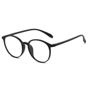 Classic round matte black glasses frames with lightweight ergonomic temples on white background