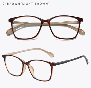 Front and 45-degree views of light brown square anti-blue light glasses frames