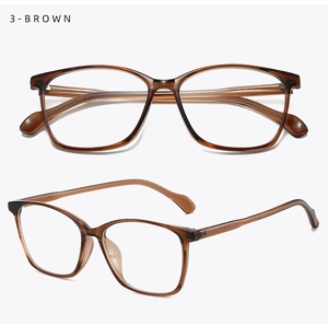 Detail view of transparent brown TR90 square glasses frame with polished amber finish