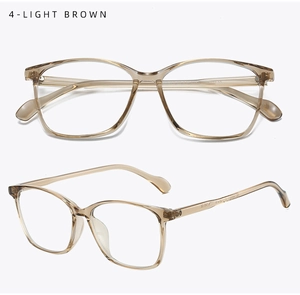 Detail view of light brown translucent TR90 square frame glasses with 45-degree angle