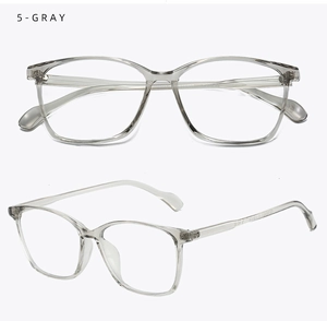 Detail view of transparent grey square glasses frames with high transparency finish