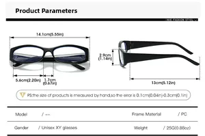 Detailed sizing chart for unisex rectangular blue light blocking PC glasses frame