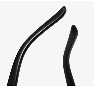 Detailed macro view of the sleek black temple tips on stylish blue light glasses