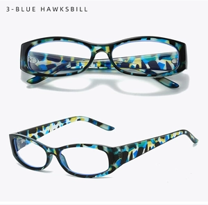 Detail of blue hawksbill rectangle glasses frame with 53-14-135 temple specifications
