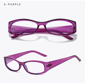 Detailed views of purple transparent oval eyewear frame with anti-blue light lenses