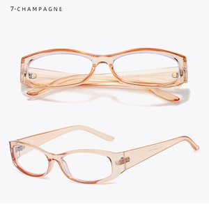 Detail view of transparent champagne blue light blocking glasses frames from two angles