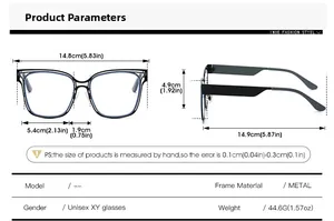 Size chart for square blue light blocking metal glasses with detailed frame dimensions