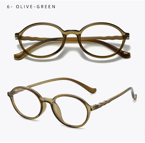 Détail de monture de lunettes ronde vert olive TR90 avec branches ondulées chic