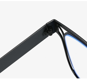 Detail view of durable metal hinge and blue light blocking lens on square glasses