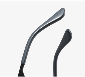 Detail of square glasses temples with non-slip grey tips and matte black metal finish