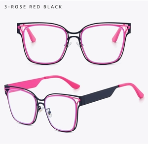 Detail view of square frame glasses in rose red and black with metallic finish