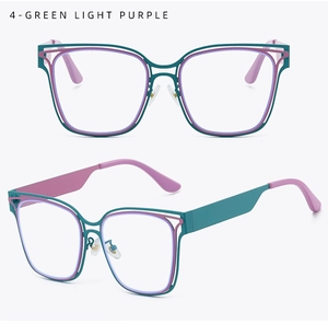 Detail view of square hollow metal glasses frames in stylish green and light purple