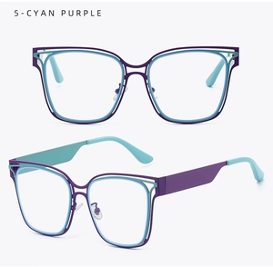 Detailed dual view of large hollow square cyan purple anti-blue light fashion glasses
