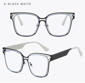 Detail view of black and white square hollow frames with anti-blue light lenses