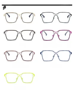 Detailed grid showing seven colorful hollow-out rectangle frame sunglasses in various finishes