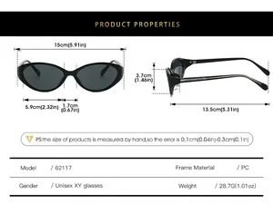 Detailed size chart for retro cat eye sunglasses showing frame dimensions and PC material spec