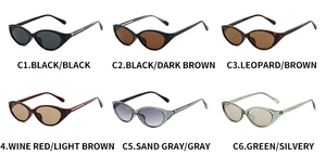 Six color options of oval cat-eye sunglasses including black, tortoiseshell and green frames