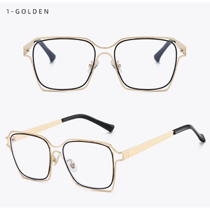 Detailed views of golden metal oversized polygonal eyewear frames with black temple tips