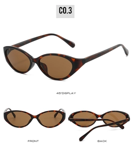 Three-view layout of tortoiseshell cat-eye sunglasses with dark brown lenses