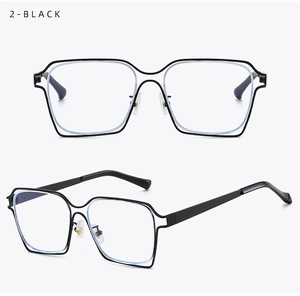 Detailed close-up of oversized black square metal eyeglass frames with double-rim design