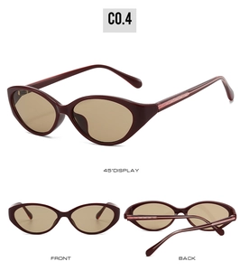 Three-view display of cat-eye sunglasses with dark red frames and embossed temples