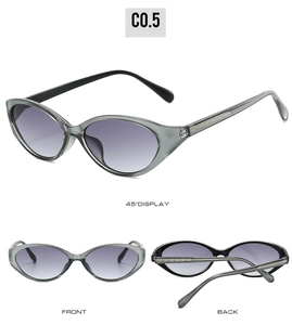 Three-view layout of translucent grey cat-eye sunglasses with purple gradient lenses