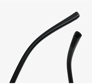 Detail shot of the black TR90 eyeglass temple tips featuring anti-slip texture