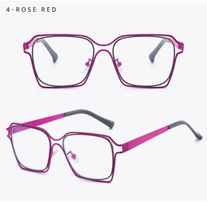 Detail view of stylish rose red hollow double-rim frame with metal temples and silicone tips