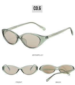 Three-view display of green cat eye oval sunglasses with brown lenses from different angles