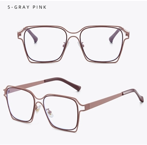 Detail of gray pink oversized square metal eyewear frame with double layer bridge design