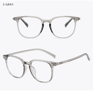 Front and 45-degree angle view of transparent gray TR90 square eyeglass frames