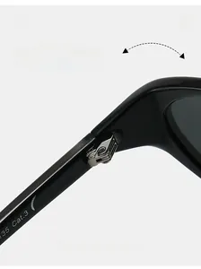 Detail view of durable metal hinges and Cat.3 CE marking on black oval sunglasses