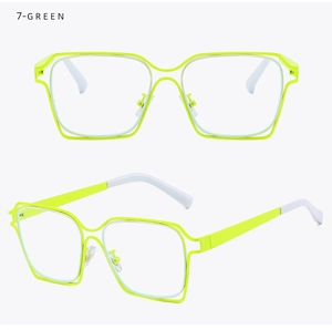 Detail view of neon green oversized hollow rectangle frames with two-tone temples