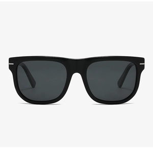 Close-up of classic square frame sunglasses with silver metallic temple decorations