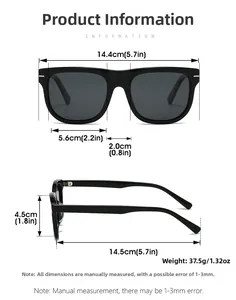 Detailed size chart for retro square sunglasses with frame width and arm length measurements