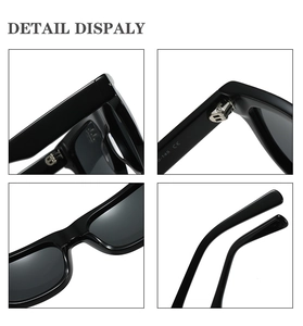 Detailed view of metal hinges and CE certification on black square frame sunglasses