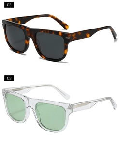 Detail view of square oversized sunglasses in tortoiseshell and transparent green frames