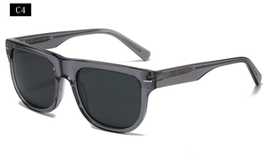 Detail of semi-transparent grey acetate frame and metal hinges on retro square sunglasses