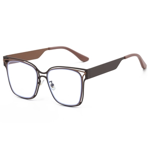 Fashionable square hollow blue light blocking glasses with trendy brown frame and wide temples