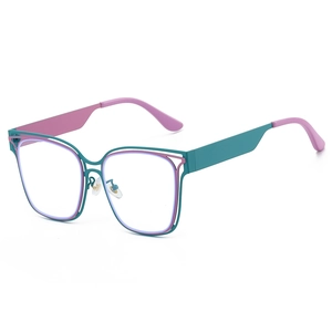 Fashionable hollow square frame glasses with mint green and pink color block design