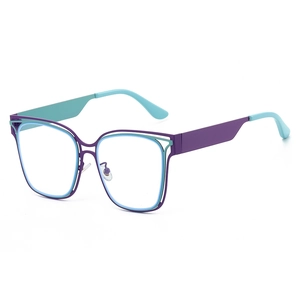 Modern two-tone square hollow frame blue light glasses in purple and tiffany blue