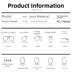 Size chart showing dimensions for vintage cat eye metal sunglasses, model 9535