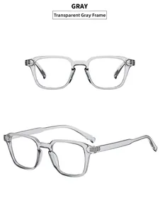 Dettaglio della montatura per occhiali quadrata grigio trasparente dal design moderno