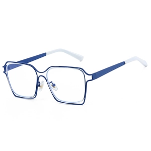 Modern oversized rectangular hollow-out metal frame glasses in blue and white colors