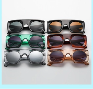 Detailed grid showing six color variants of oversized square sunglasses with round lenses